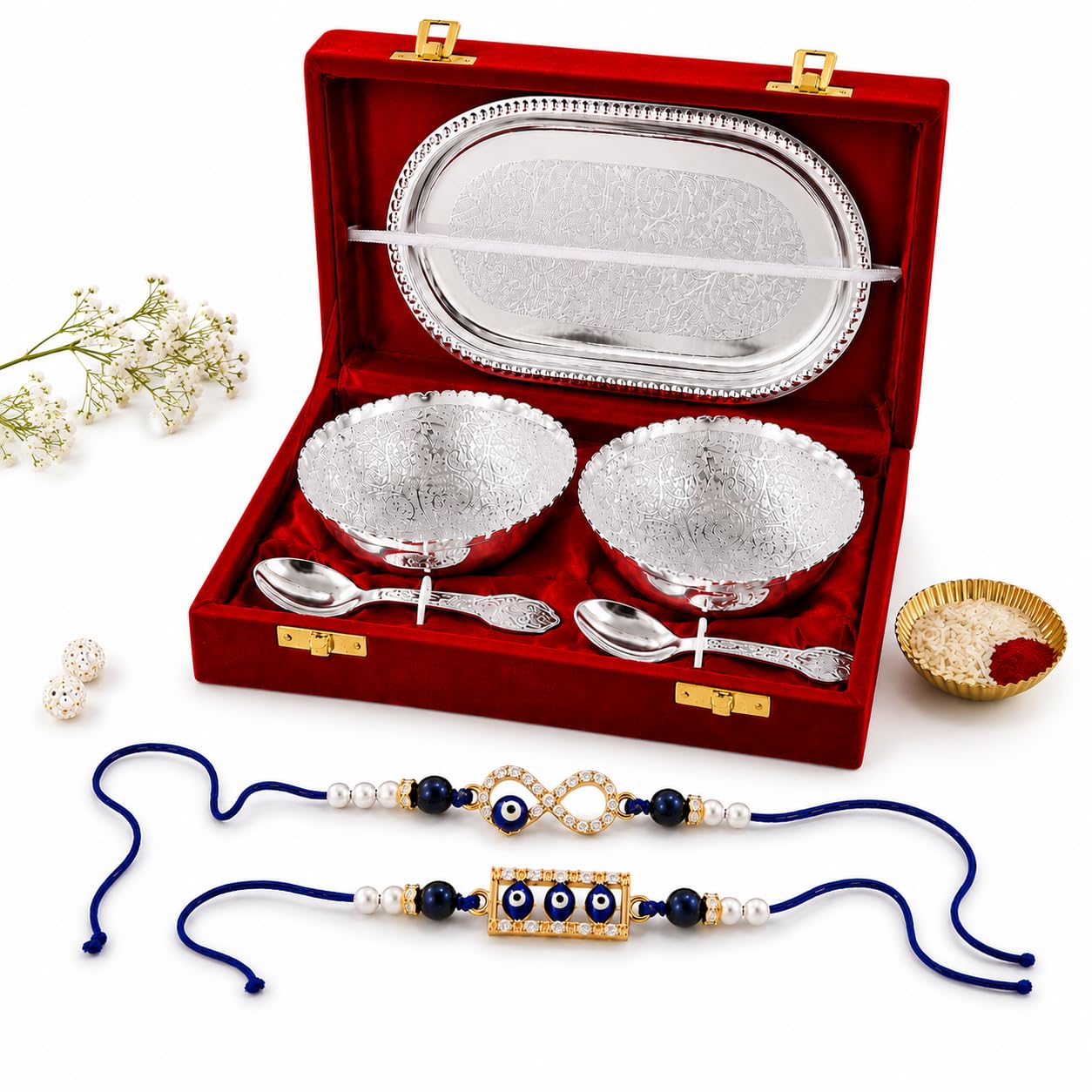 Jaipur Ace Rakhi Gift Hamper for Bhaiya Bhabhi with Silver Plated Bowl Set, Pooja Thali, 2 Designer Rakhis, Roli Chawal, Raksha Bandhan Gift Set for Brother Bhabhi, Premium Rakhi Combo with Red Velvet Box