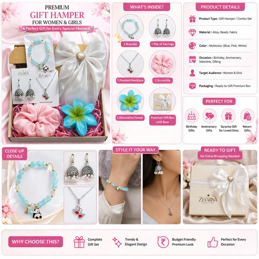 Gift Hamper for Woman & Girls Under 300 | Cute Accessories Gift Set with Earrings, Bracelet, Necklace & Scrunchie | Birthday Gift for Girlfriend, Sister, Teen Girls | Kitty Party Return Gifts | Set of 6 Items | Random Colors and Designs for Surprise