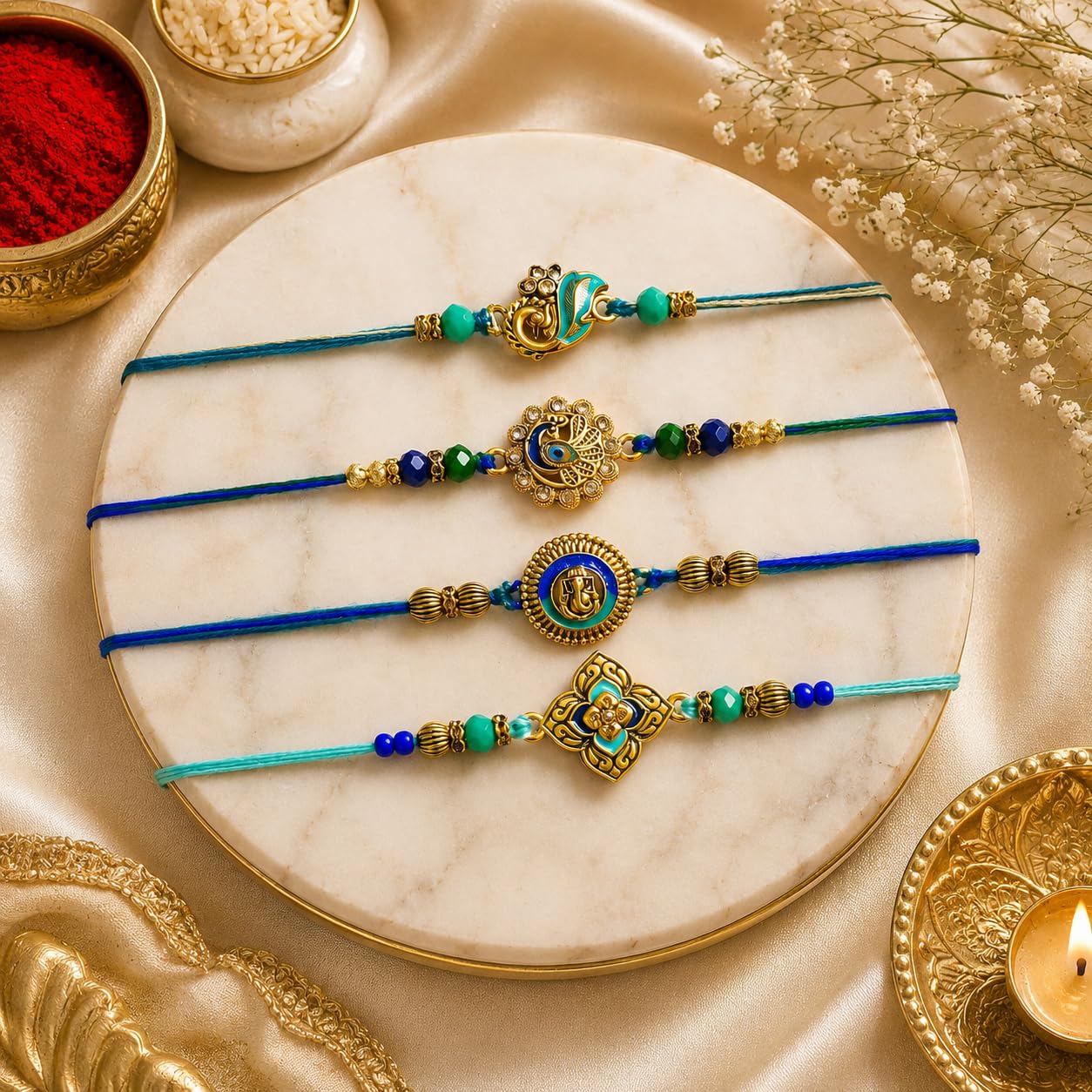 Dreamica Set of 2 Designer Rakhi for Brother | Combo with ‘My Brother Is Awesome’ Fridge Magnet, Tilak Set (Roli-Chawal), and Greeting Card | Best Rakhi Gift For Brother (Rakhi-92)