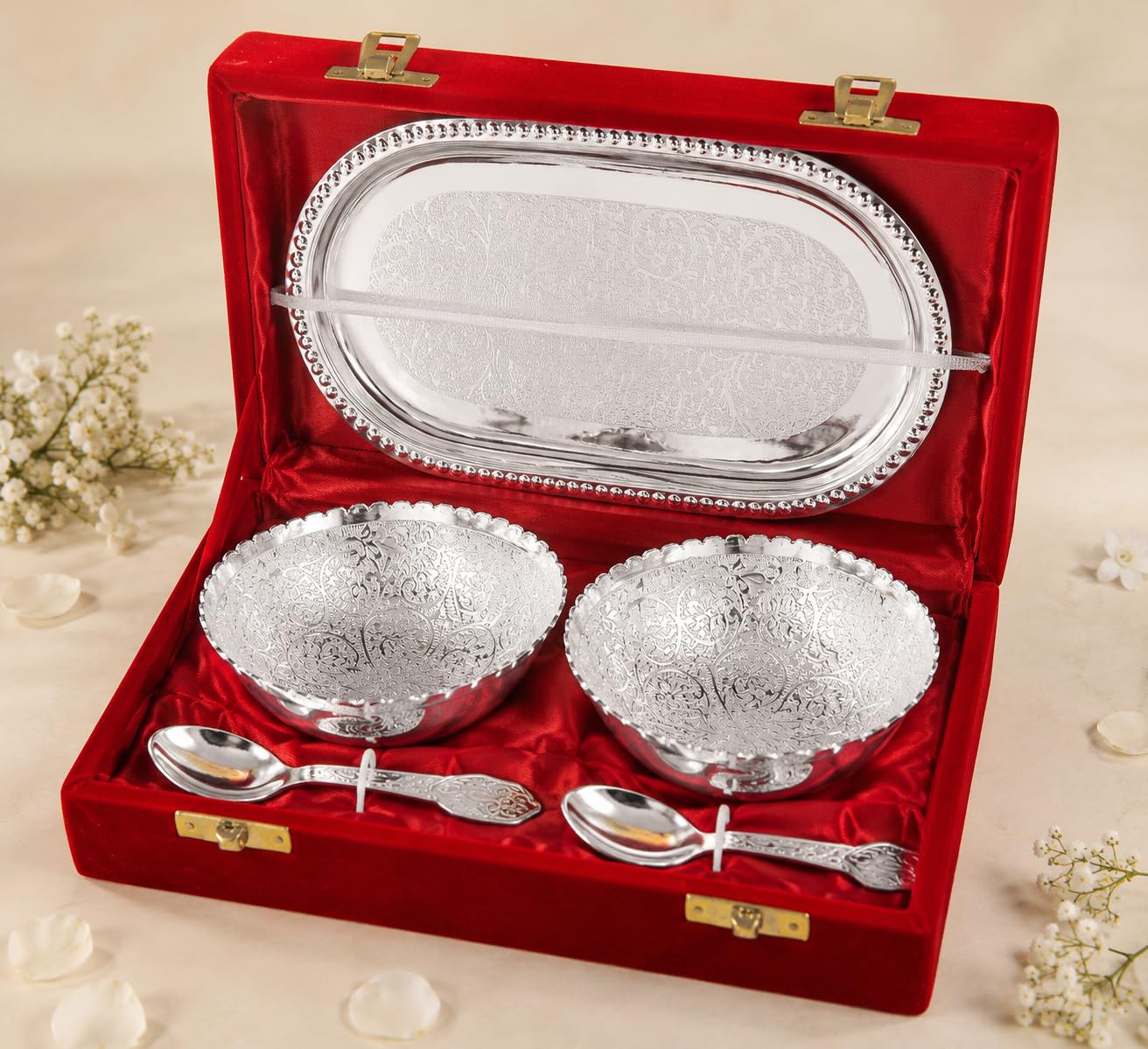 Jaipur Ace Rakhi Gift Hamper for Bhaiya Bhabhi with Silver Plated Bowl Set, Pooja Thali, 2 Designer Rakhis, Roli Chawal, Raksha Bandhan Gift Set for Brother Bhabhi, Premium Rakhi Combo with Red Velvet Box