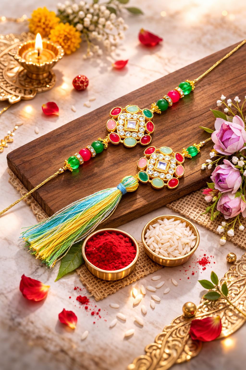 Jaipur Ace Rakhi Gift Hamper for Bhaiya Bhabhi with Silver Plated Bowl Set, Pooja Thali, 2 Designer Rakhis, Roli Chawal, Raksha Bandhan Gift Set for Brother Bhabhi, Premium Rakhi Combo with Red Velvet Box