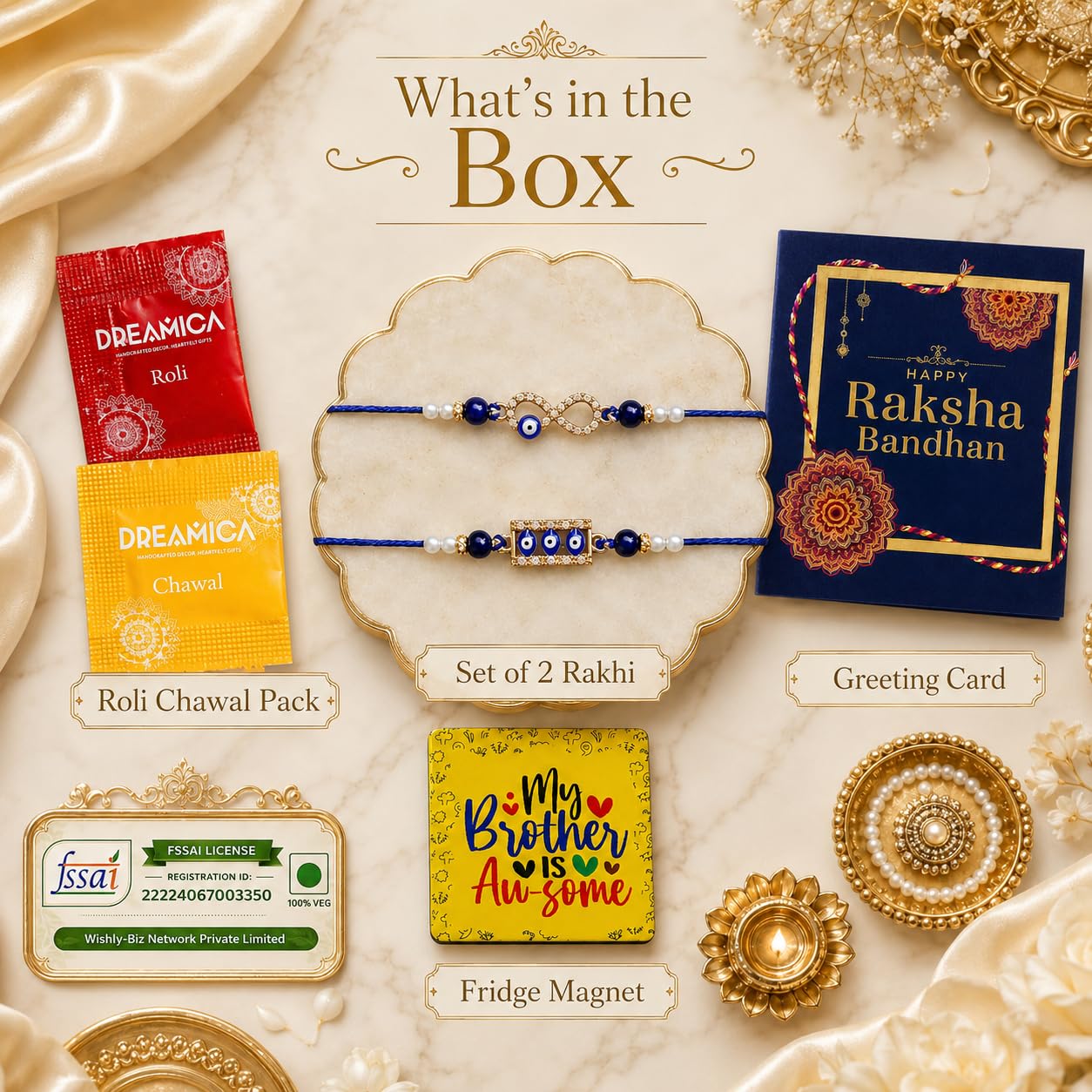 Dreamica Set of 2 Designer Rakhi for Brother | Combo with ‘My Brother Is Awesome’ Fridge Magnet, Tilak Set (Roli-Chawal), and Greeting Card | Best Rakhi Gift For Brother (Rakhi-92)