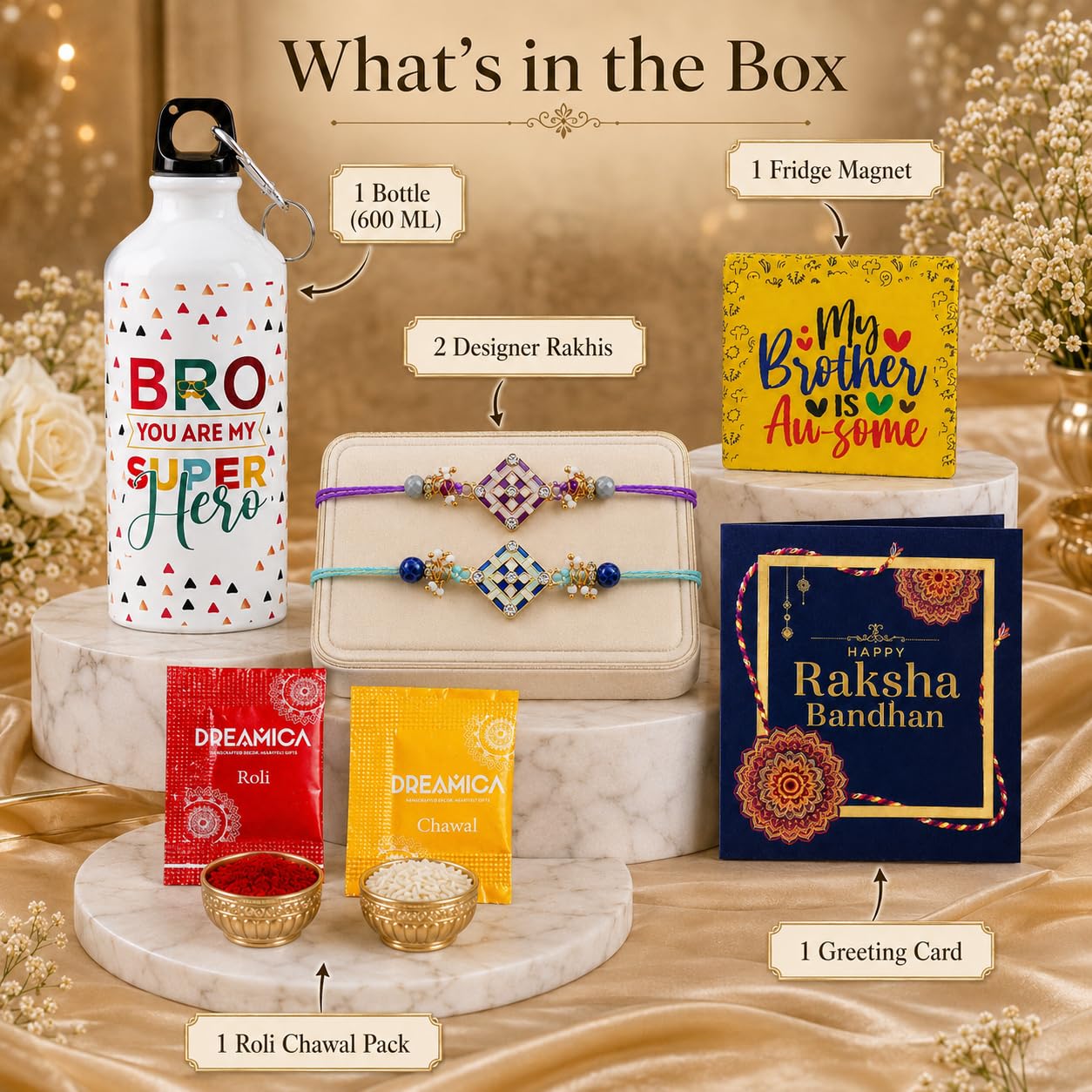 Dreamica Set of 2 Designer Rakhi for Brother | Combo with ‘My Brother Is Awesome’ Fridge Magnet, Tilak Set (Roli-Chawal), and Greeting Card | Best Rakhi Gift For Brother (Rakhi-92)