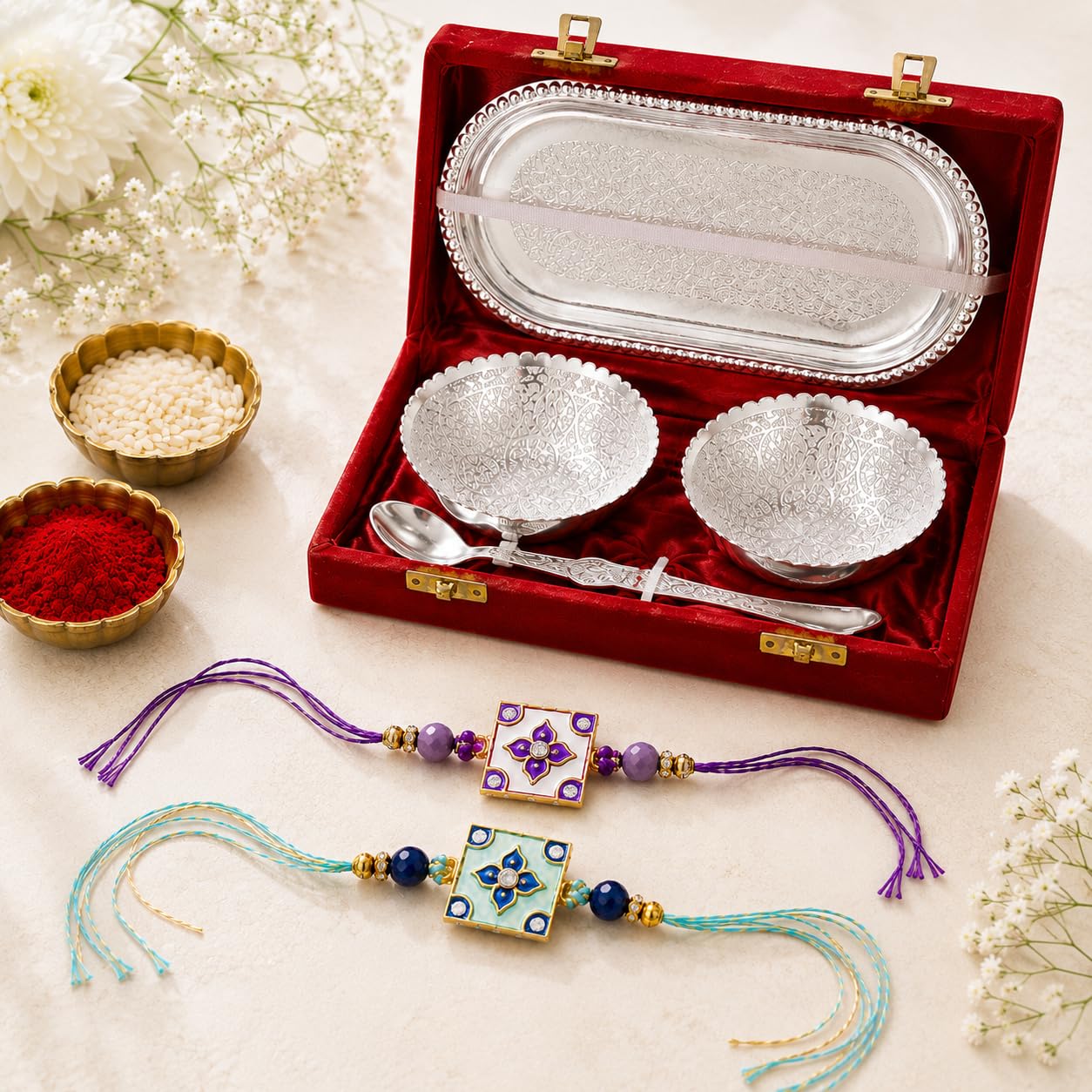 Jaipur Ace Rakhi Gift Hamper for Bhaiya Bhabhi with Silver Plated Bowl Set, Pooja Thali, 2 Designer Rakhis, Roli Chawal, Raksha Bandhan Gift Set for Brother Bhabhi, Premium Rakhi Combo with Red Velvet Box