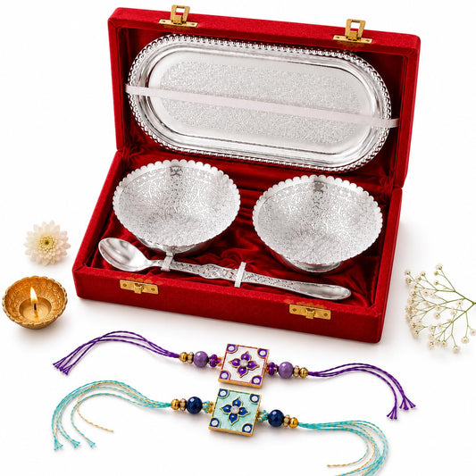 Jaipur Ace Rakhi Gift Hamper for Bhaiya Bhabhi with Silver Plated Bowl Set, Pooja Thali, 2 Designer Rakhis, Roli Chawal, Raksha Bandhan Gift Set for Brother Bhabhi, Premium Rakhi Combo with Red Velvet Box