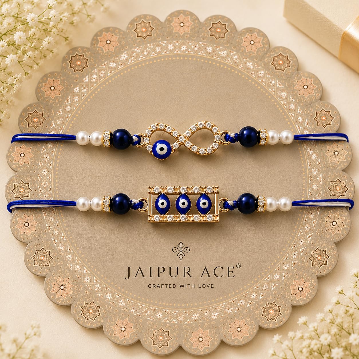 Jaipur Ace Rakhi Gift Hamper for Bhaiya Bhabhi with Silver Plated Bowl Set, Pooja Thali, 2 Designer Rakhis, Roli Chawal, Raksha Bandhan Gift Set for Brother Bhabhi, Premium Rakhi Combo with Red Velvet Box