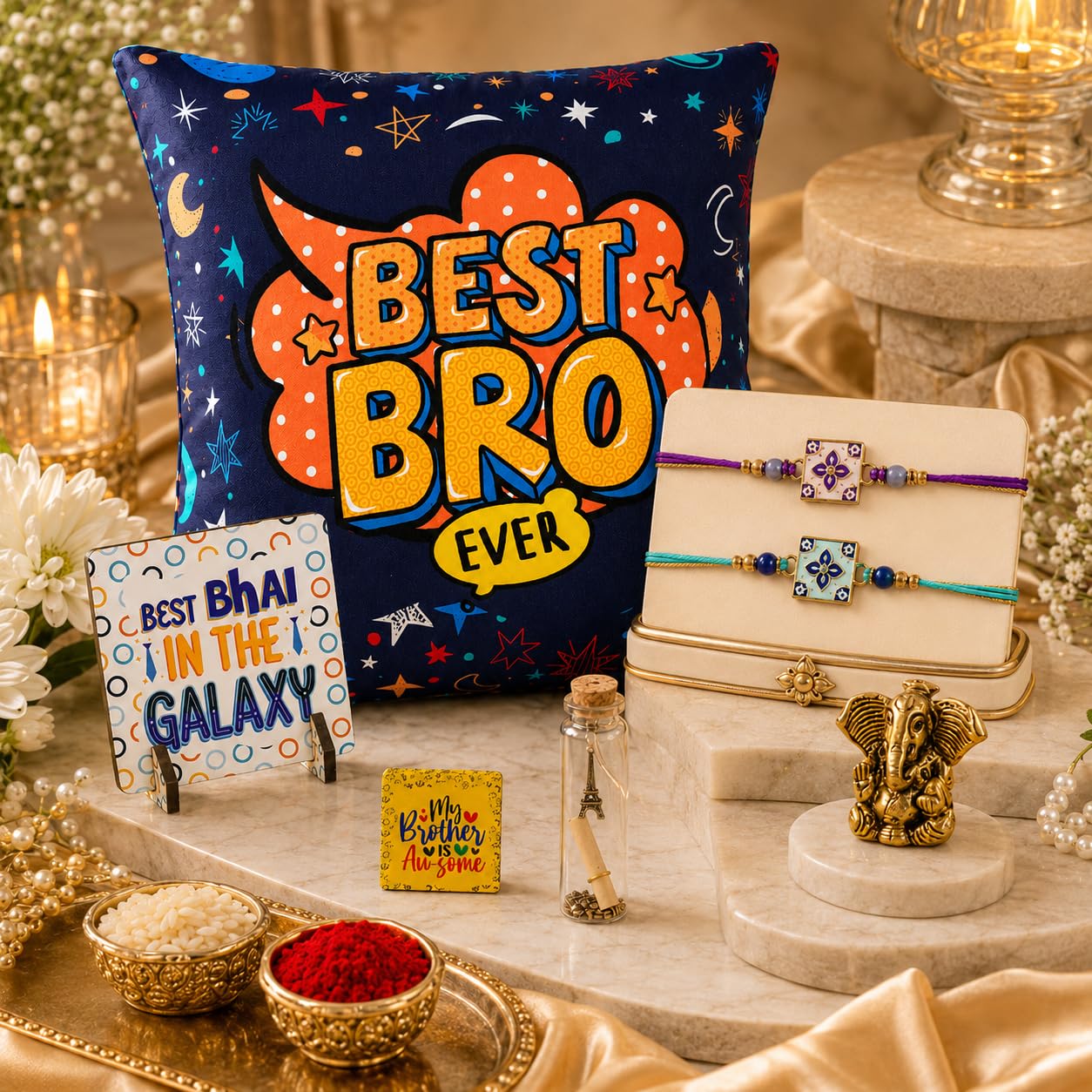 Dreamica Set of 2 Designer Rakhi for Brother | Combo with ‘My Brother Is Awesome’ Fridge Magnet, Tilak Set (Roli-Chawal), and Greeting Card | Best Rakhi Gift For Brother (Rakhi-92)