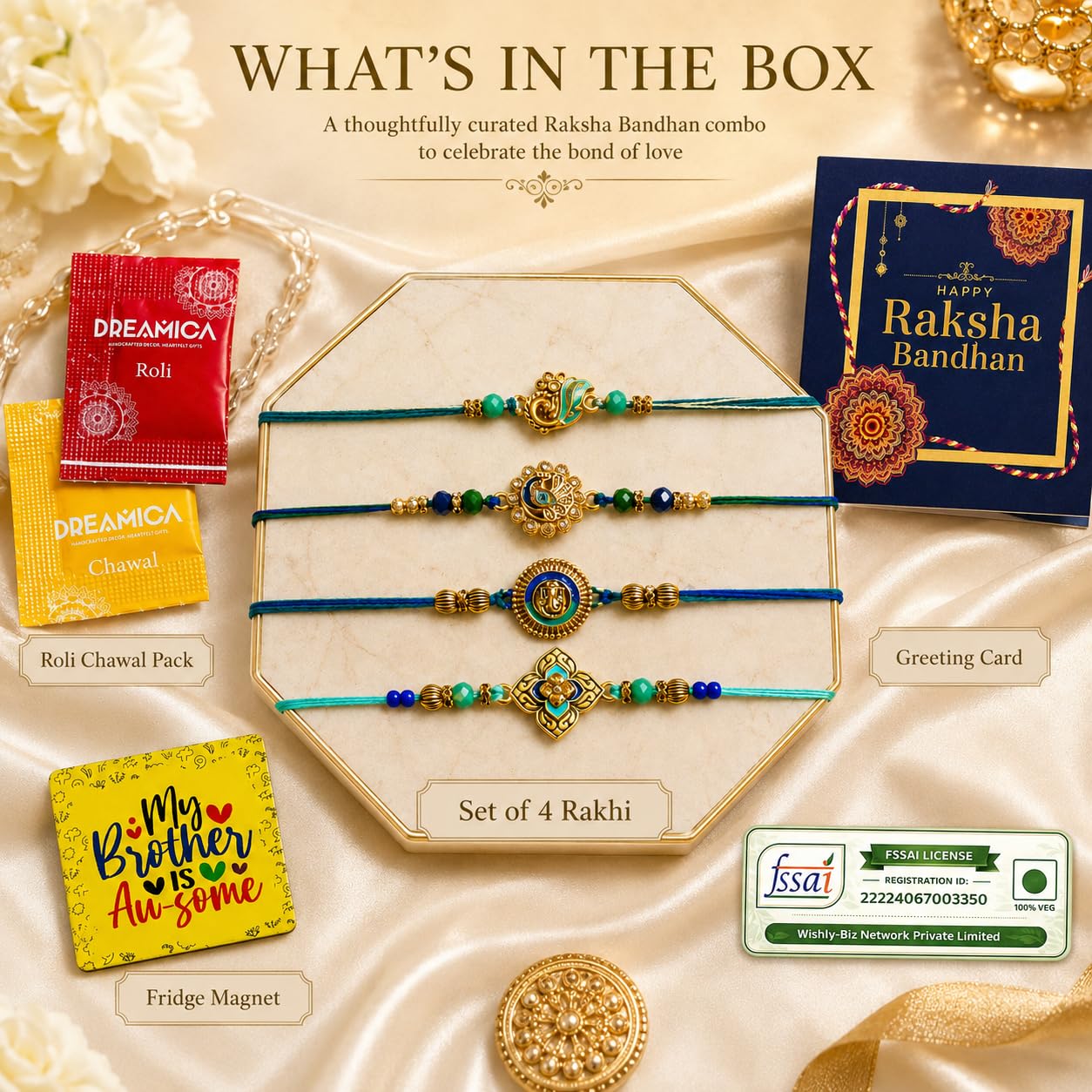 Dreamica Set of 2 Designer Rakhi for Brother | Combo with ‘My Brother Is Awesome’ Fridge Magnet, Tilak Set (Roli-Chawal), and Greeting Card | Best Rakhi Gift For Brother (Rakhi-92)