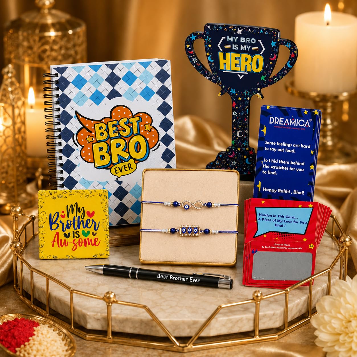 Dreamica Set of 2 Designer Rakhi for Brother | Combo with ‘My Brother Is Awesome’ Fridge Magnet, Tilak Set (Roli-Chawal), and Greeting Card | Best Rakhi Gift For Brother (Rakhi-92)