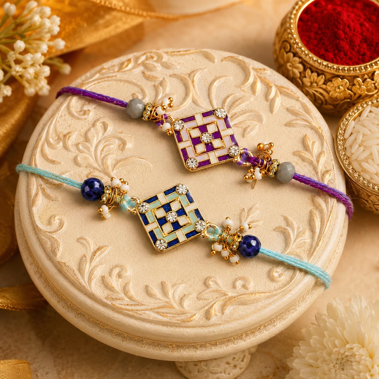 Dreamica Set of 2 Designer Rakhi for Brother | Combo with ‘My Brother Is Awesome’ Fridge Magnet, Tilak Set (Roli-Chawal), and Greeting Card | Best Rakhi Gift For Brother (Rakhi-92)