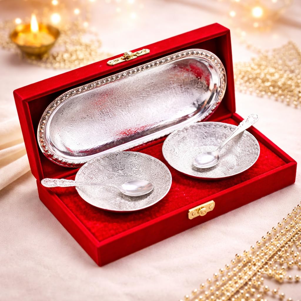 Jaipur Ace Rakhi Gift Hamper for Bhaiya Bhabhi with Silver Plated Bowl Set, Pooja Thali, 2 Designer Rakhis, Roli Chawal, Raksha Bandhan Gift Set for Brother Bhabhi, Premium Rakhi Combo with Red Velvet Box