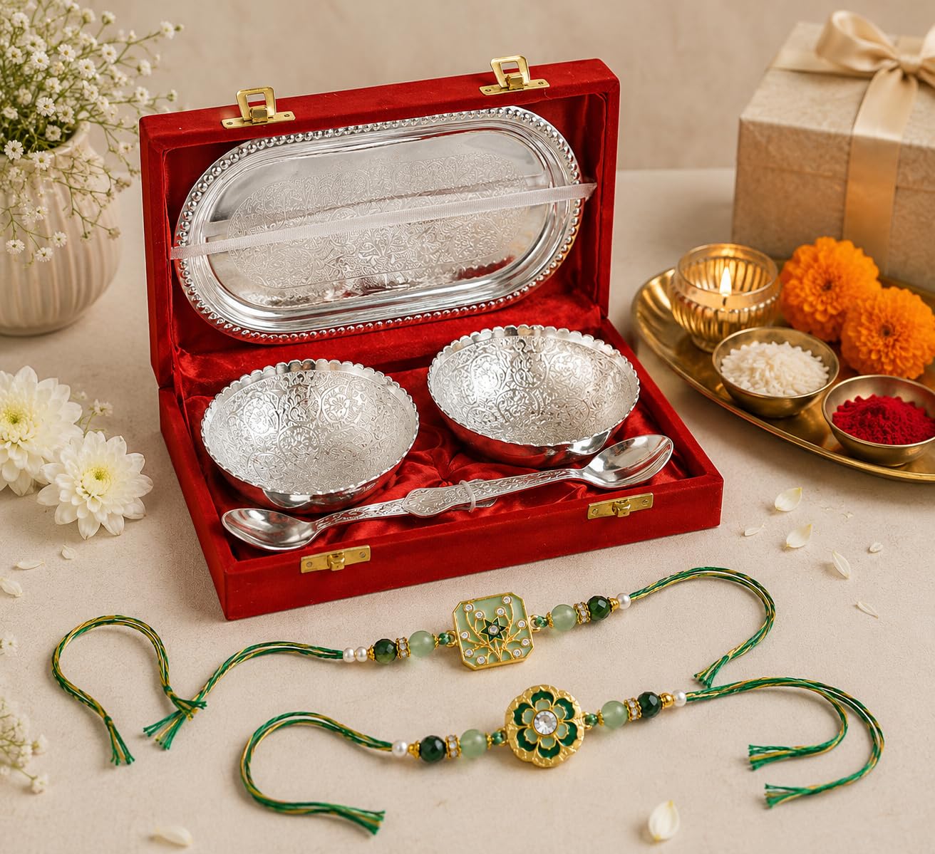 Jaipur Ace Rakhi Gift Hamper for Bhaiya Bhabhi with Silver Plated Bowl Set, Pooja Thali, 2 Designer Rakhis, Roli Chawal, Raksha Bandhan Gift Set for Brother Bhabhi, Premium Rakhi Combo with Red Velvet Box