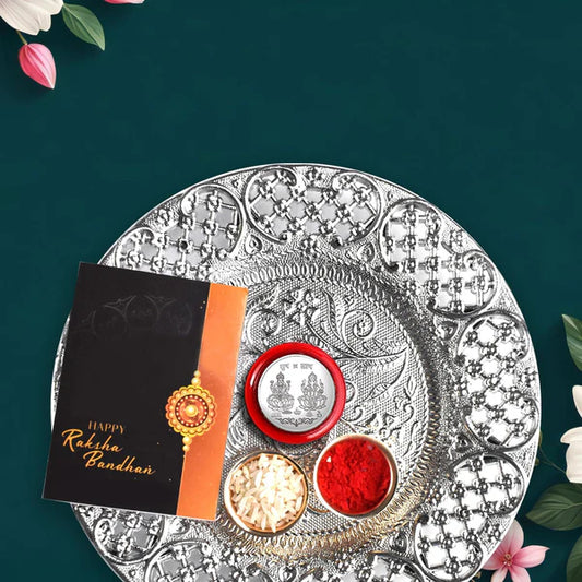 1. The Royal Peacock Rakhi Shubh Shuruat Hamper – Designer Peacock Rakhi with Decorative Silver Puja Thali, Auspicious Coin, Tilak Essentials & Gourmet Chocolate