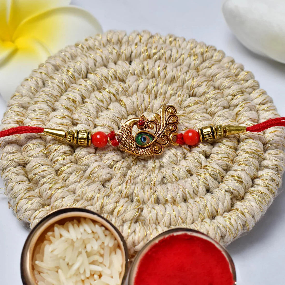 The Royal Peacock Rakhi Shubh Shuruat Hamper – Designer Peacock Rakhi with Decorative Silver Puja Thali, Auspicious Coin, Tilak Essentials & Gourmet Chocolate