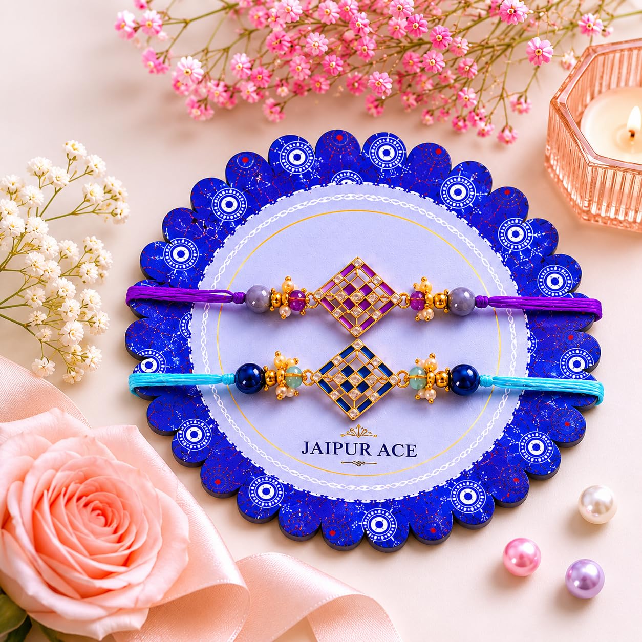 Jaipur Ace Rakhi Gift Hamper for Bhaiya Bhabhi with Silver Plated Bowl Set, Pooja Thali, 2 Designer Rakhis, Roli Chawal, Raksha Bandhan Gift Set for Brother Bhabhi, Premium Rakhi Combo with Red Velvet Box