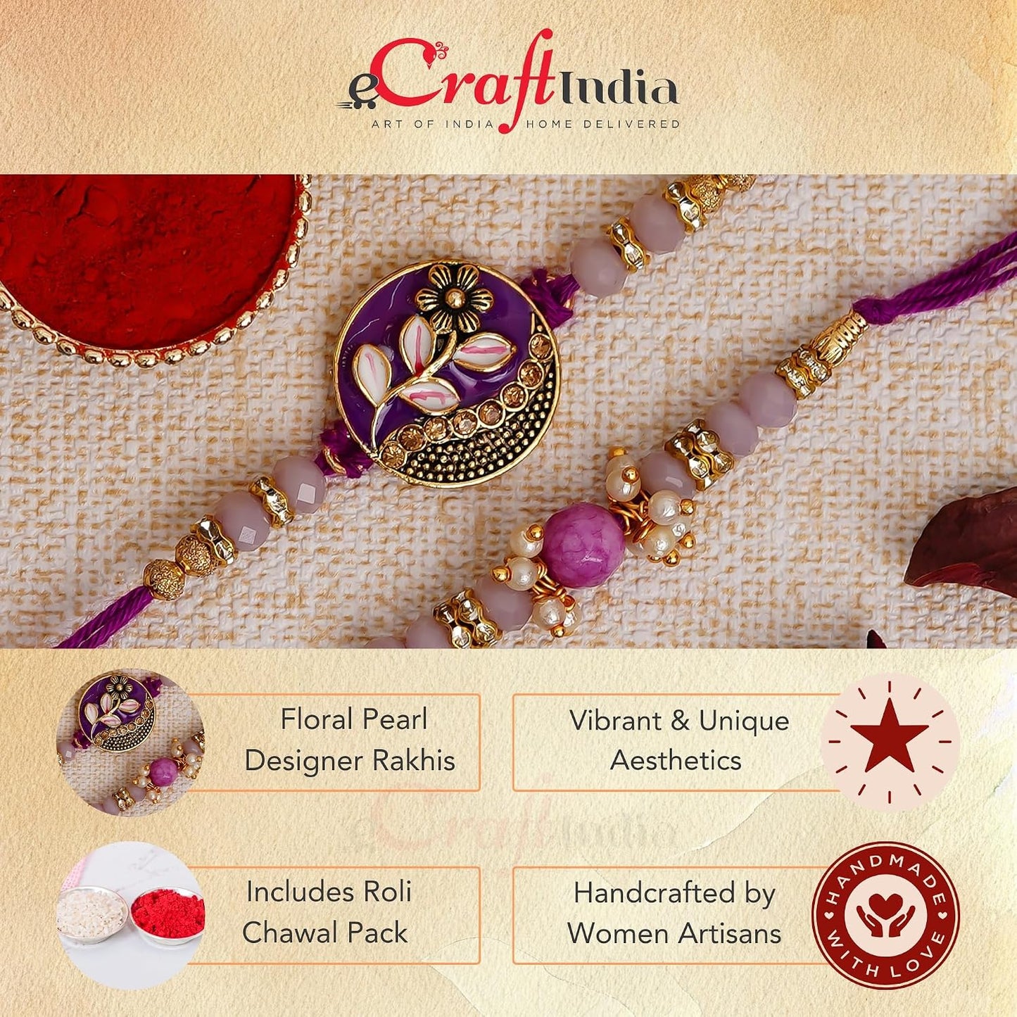 eCraftIndia Set of 2 Purple Floral & Pearl Designer Rakhis with Roli Chawal Pack and Best Bro Ever Fridge Magnet - Rakhi for Brother, Bhaiya, Bhai